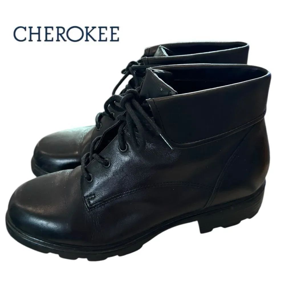 Cherokee Women's Black Leather Lace-up Ankle Boots Booties 8.5